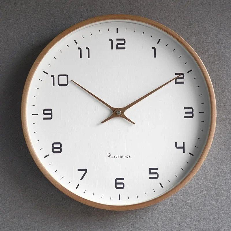 Nordic Wooden Wall Clock - Minimalist Silent Timepiece on grey wall; wooden frame, white dial, brown hands.