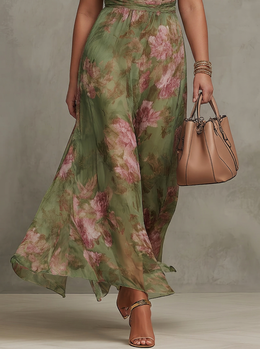 Robe Maxi Chiffon Fleurie Col Halter Vert