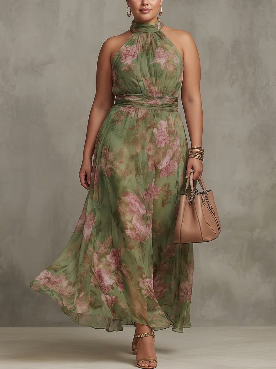 Robe Maxi Chiffon Fleurie Col Halter Vert