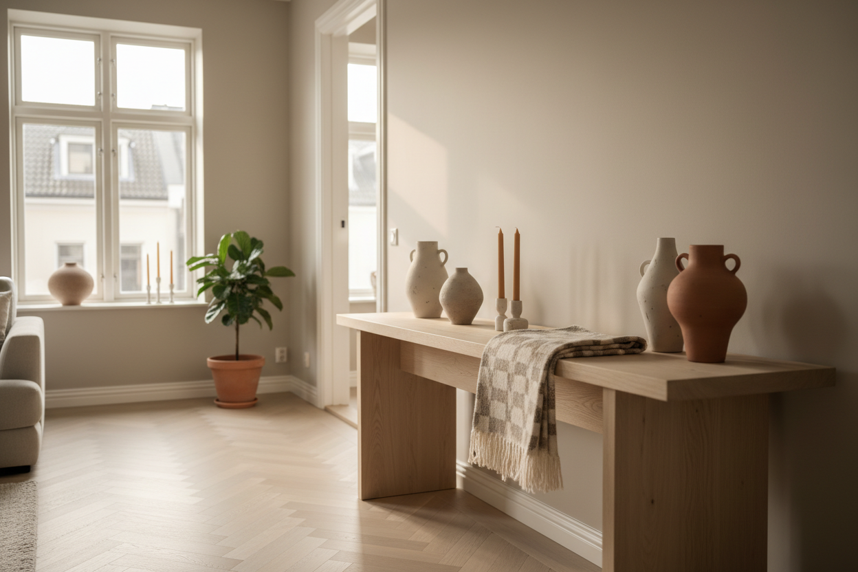 A hyper-realistic Scandinavian interior with warm natural light, soft beige tones and minimalist wooden accents. A beautifully styled console table with Nordic decor such as ceramics, candles and woven textures. Calm, elegant atmosphere with subtle greenery and organic materials. Premium editorial photography with a warm, serene aesthetic.