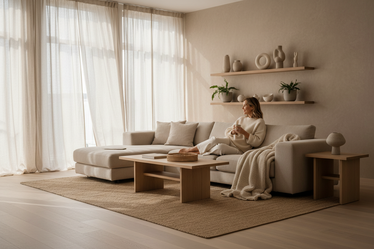 A hyper-realistic Scandinavian living room with soft natural sunlight, warm beige tones, linen curtains and premium wooden furniture. A stylish woman in her 40s sits relaxed on a modern beige sofa, reading or enjoying a coffee, adding warmth and lifestyle realism. Floating shelves with Nordic ceramics, organic textures and minimalist decor create a luxurious, serene atmosphere. High-end editorial photography, depth-of-field, soft shadows and cinematic detail.