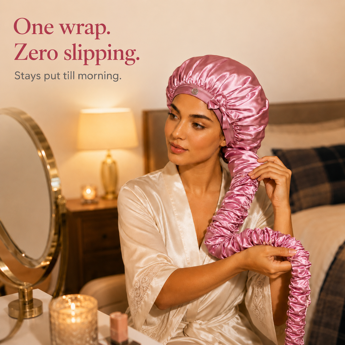 Bonnet de Nuit Satiné Cheveux Longs – Attache Bouton Réglable