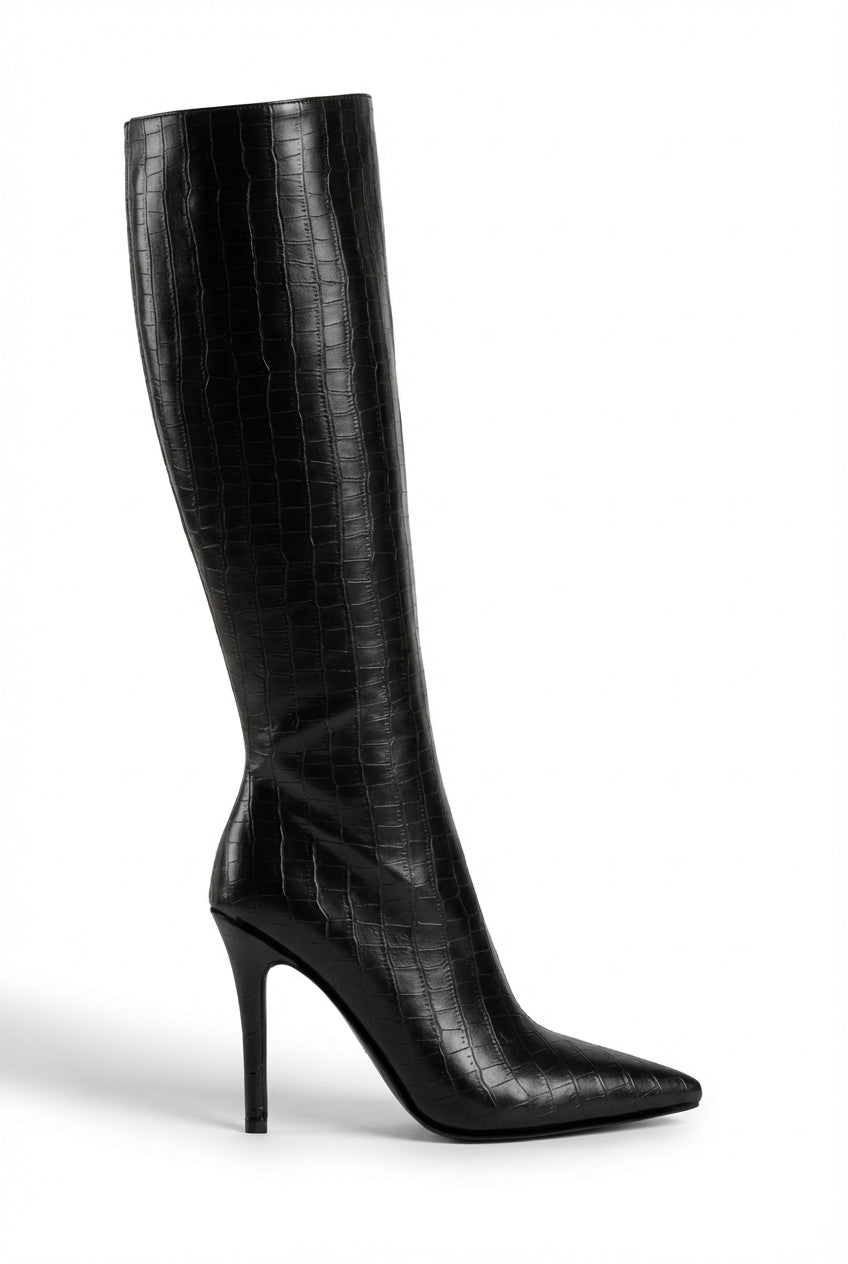 Black Black Croc-embossed Pointed Toe Stiletto Knee High Boots - Photo 1