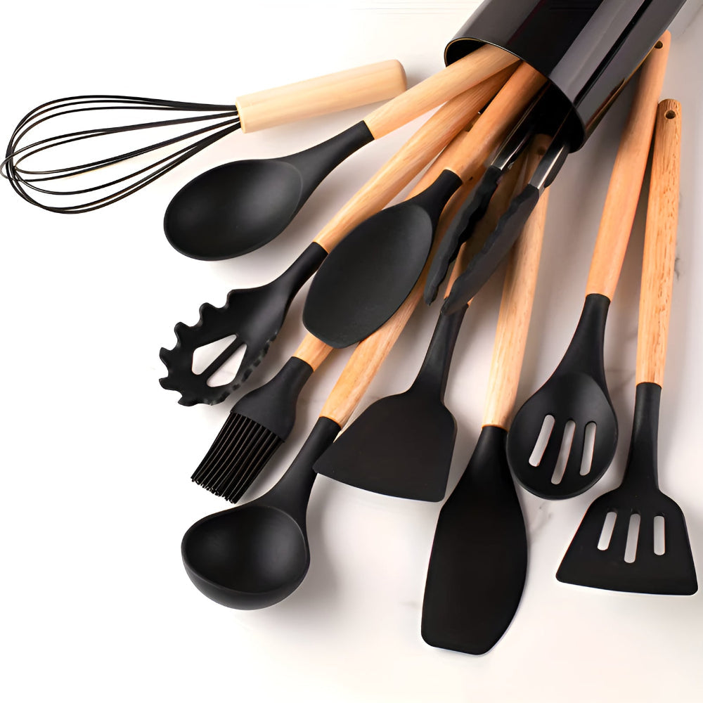 Silicone Kitchen Utensil Set – BPA-free, heat-resistant with wooden handles for cooking and baking
