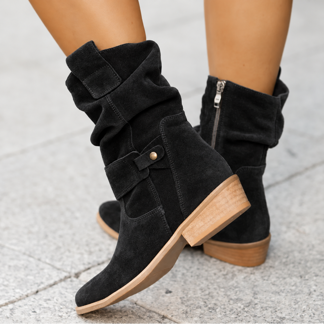 Women's Slouchy-Style Suede Ankle Boots with Side Zipper and Orthopedic Sole