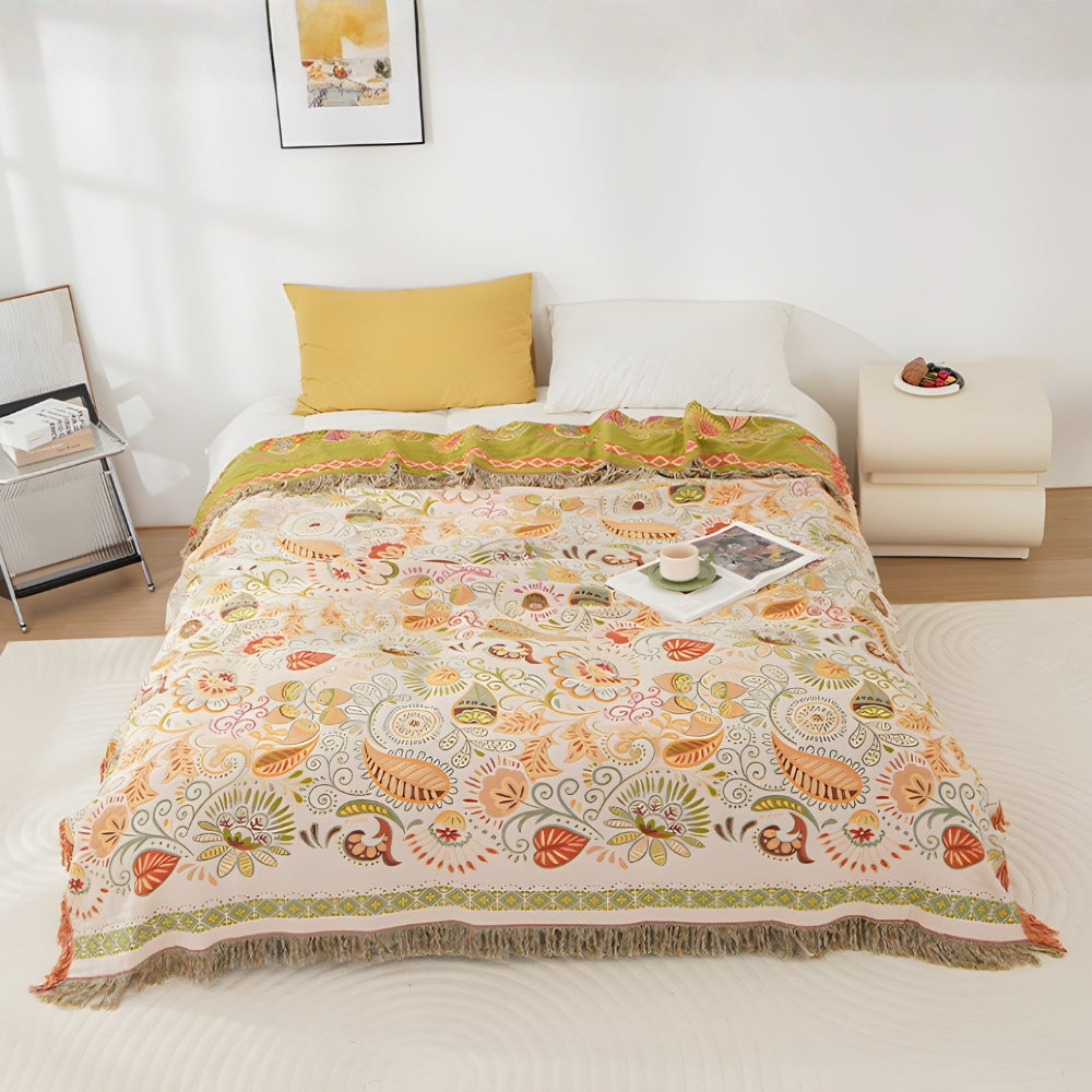Reversible bohemian throw – Cotton, autumn flower design with pom-poms for the sofa or bed