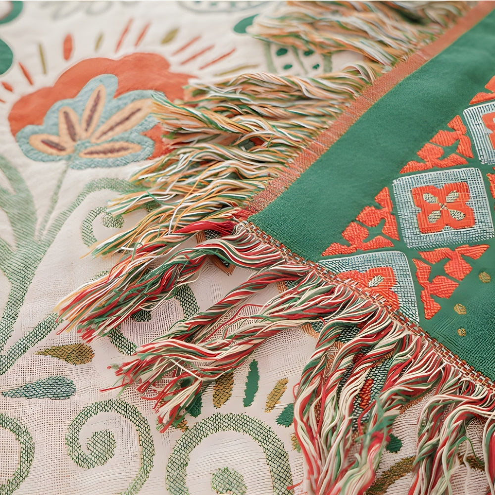 Reversible bohemian throw – Cotton, autumn flower design with pom-poms for the sofa or bed