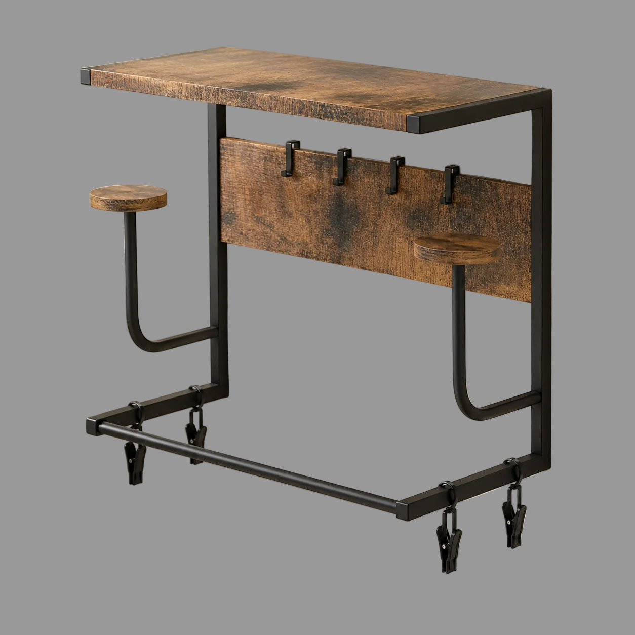 Perchero industrial – Madera maciza de acacia con ganchos metálicos negros para el recibidor o el salón