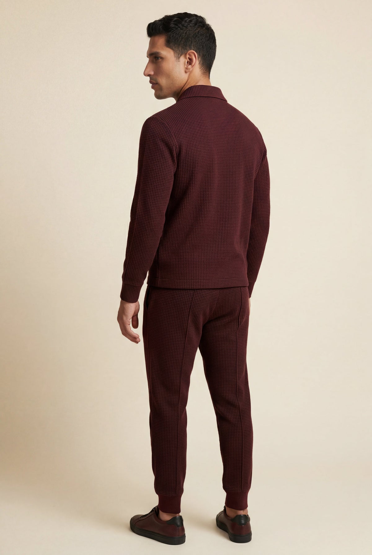 Burgundy Textured Zip-up Jacket and Jogger Set with Ribbed Detail - Two piece set - Photo 3