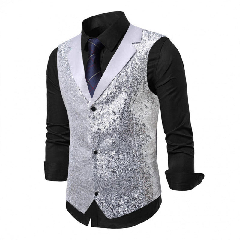 Gilet Homme Pailleté Col Satin, Costume Habillé