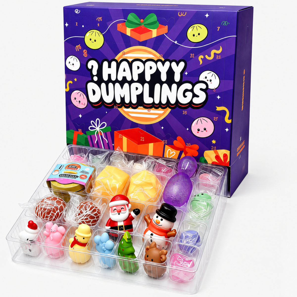 Assortiment de jouets squishy en forme de boulette inclus dans le calendrier de l'Avent de Noël