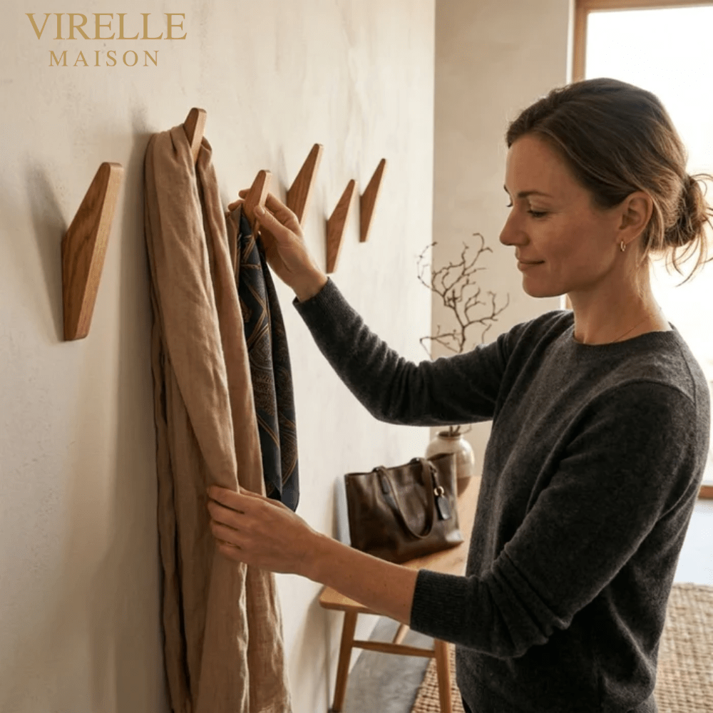 Percheros de pared de madera – Acabado bicolor natural, diseño minimalista para el recibidor o el dormitorio