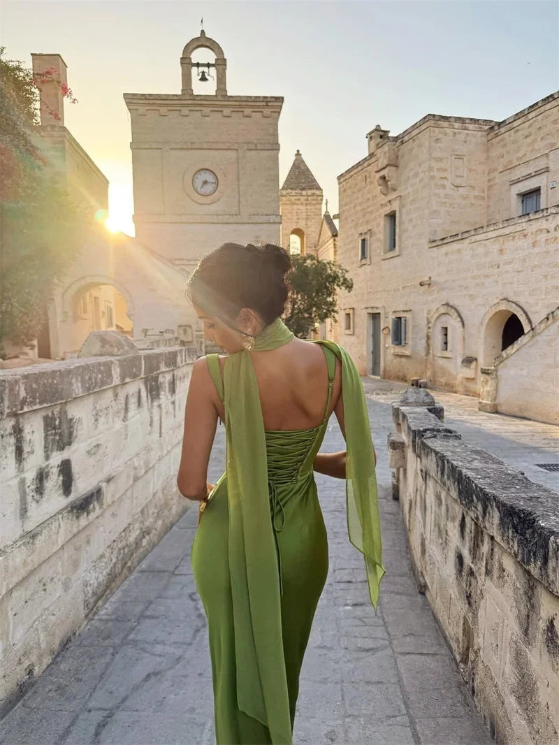 Robe Maxi Femme sans Manches pour Mariage, Dos Nu avec Lien