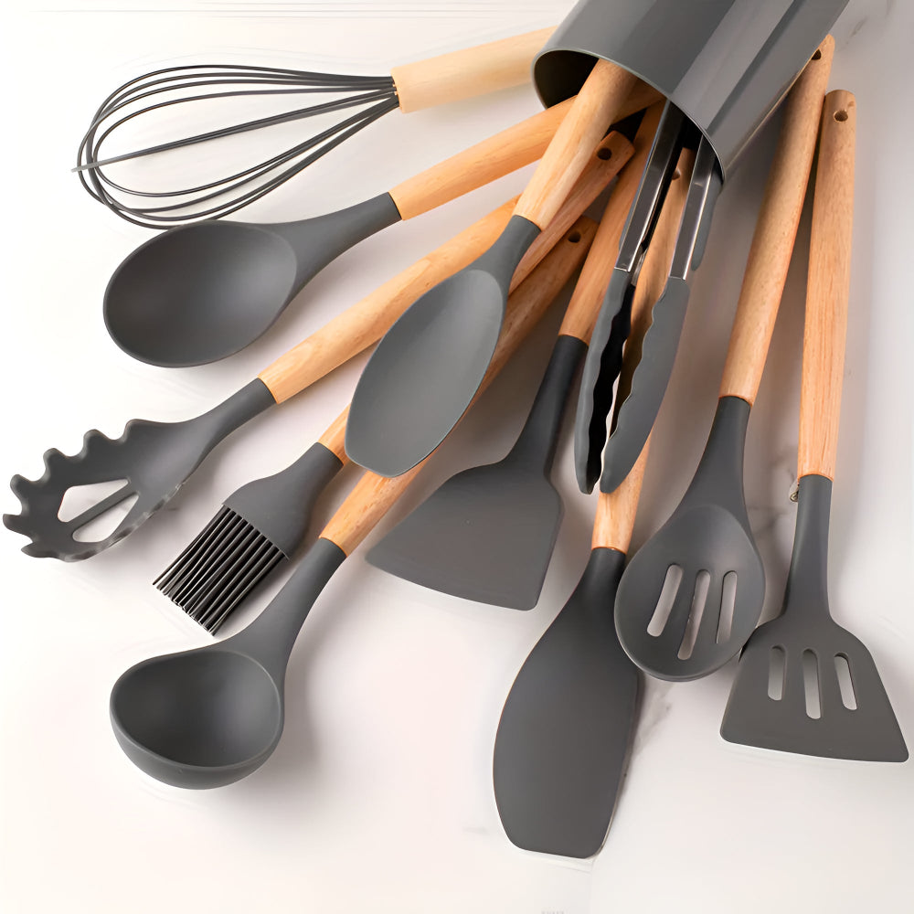 Silicone Kitchen Utensil Set – BPA-free, heat-resistant with wooden handles for cooking and baking
