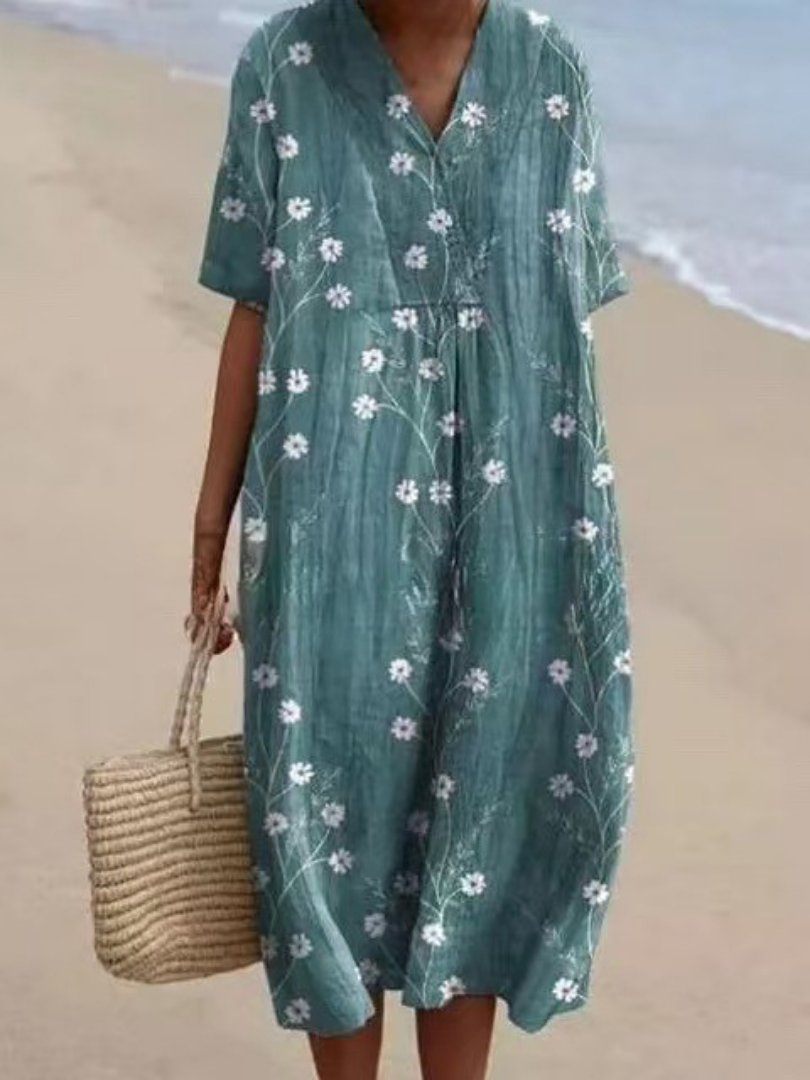 Robe Midi Femme Fleurie à Manches Courtes
