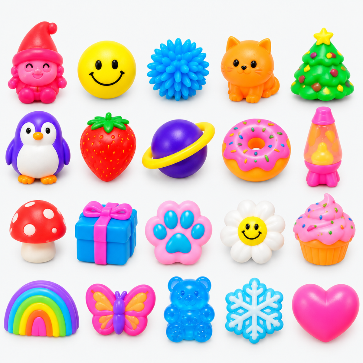 Les 20 formes de jouets squishy du calendrier de l'Avent, dont licorne, donut, alien, pingouin et fraise