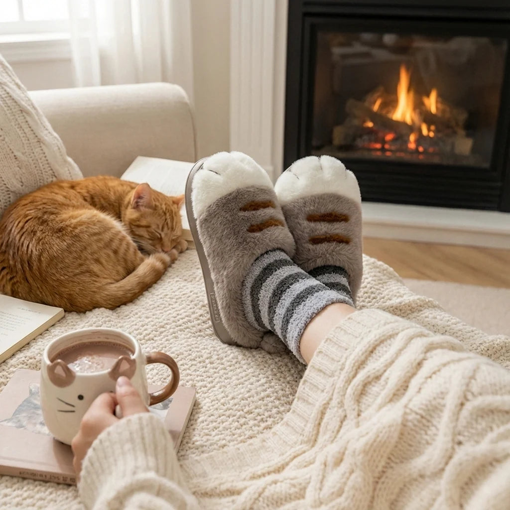 Chaussons Femme Pattes de Chat en Peluche Douce