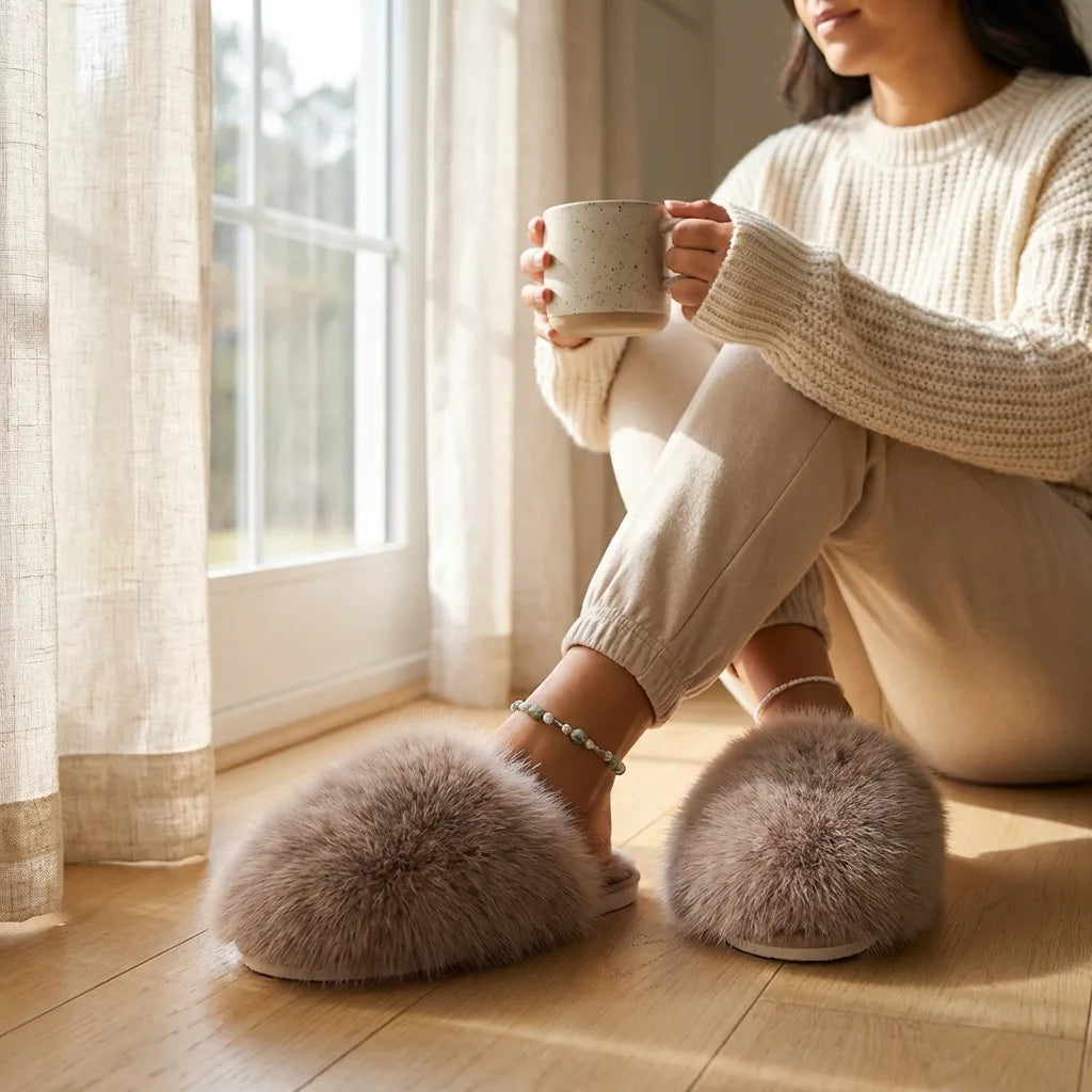 Chausson Femme Peluche Moelleux - Semelle Antidérapante