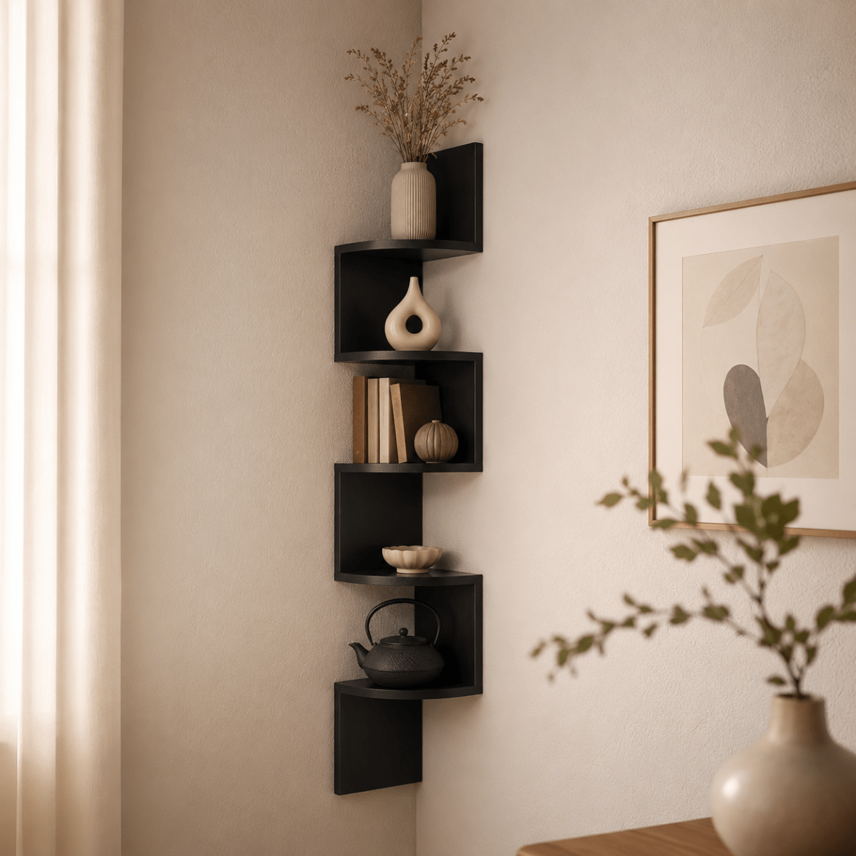 Corner Shelf – Black-lacquered MDF, modern design for the living room or bedroom