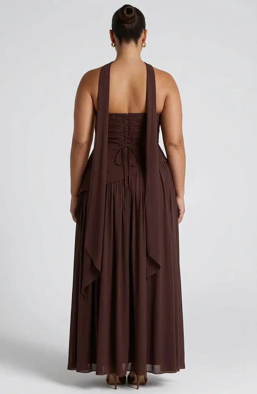 Robe Longue Bustier Noire et Blanche à Fente Asymétrique