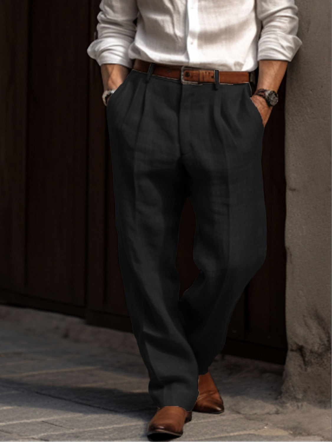 Pantalon Homme en Lin et Coton, Coupe Ample Décontractée