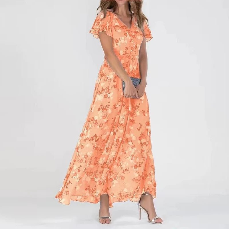 Robe Longue Femme Col V - Maxi Robe à Silhouette Fluide