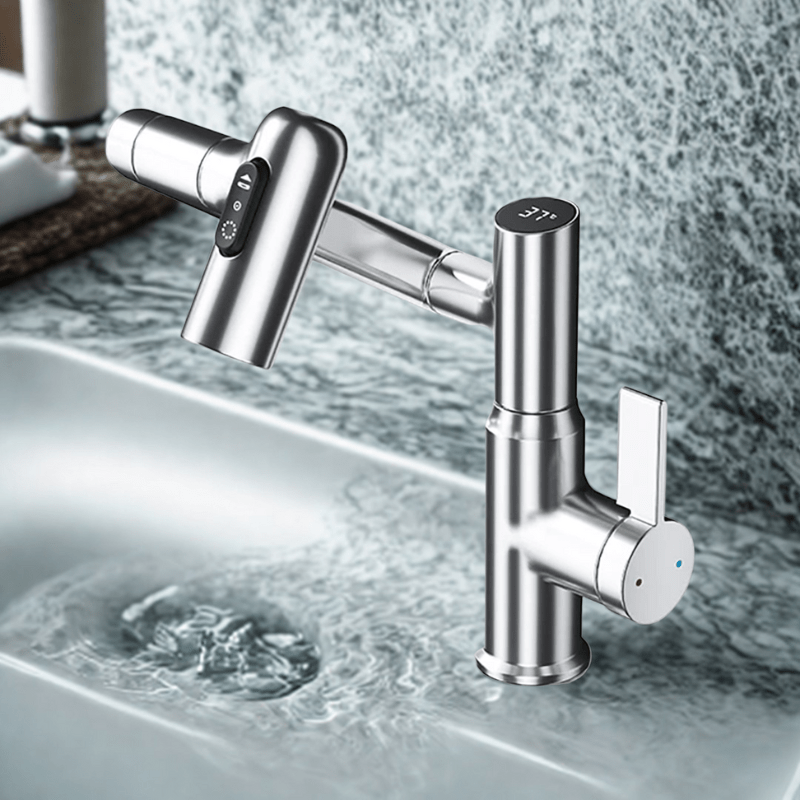 Kitchen Faucet – Stainless Steel with Chrome Finish, 360° Swivel, Height-Adjustable, and Temperature Display