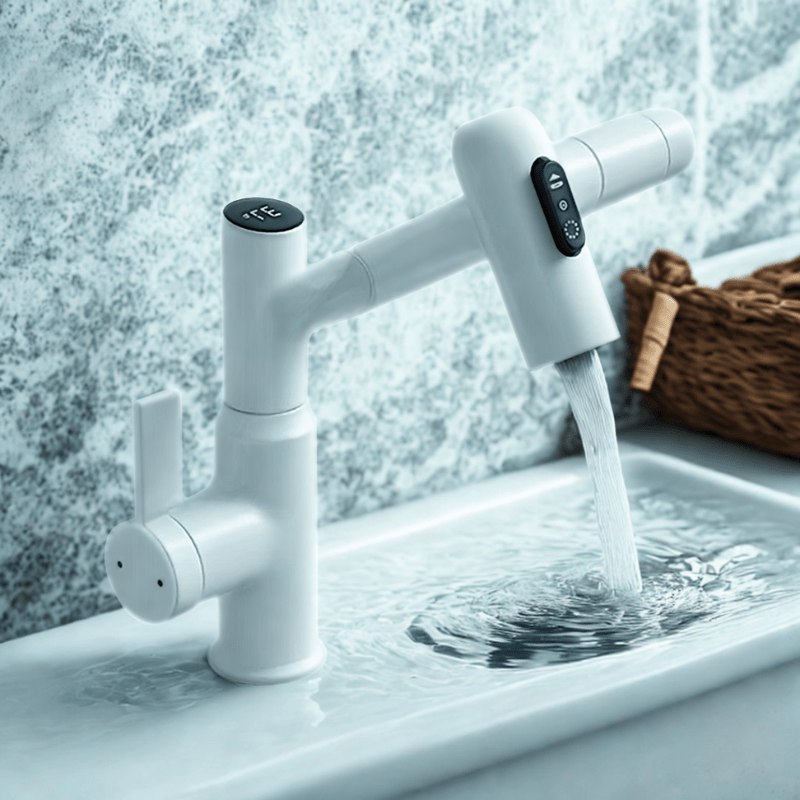 Kitchen Faucet – Stainless Steel with Chrome Finish, 360° Swivel, Height-Adjustable, and Temperature Display