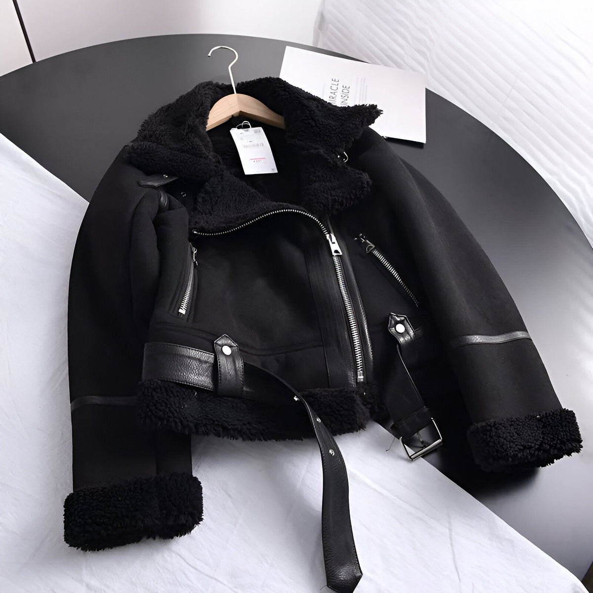 Veste Motard Femme Oversize Fourrée en Similicuir