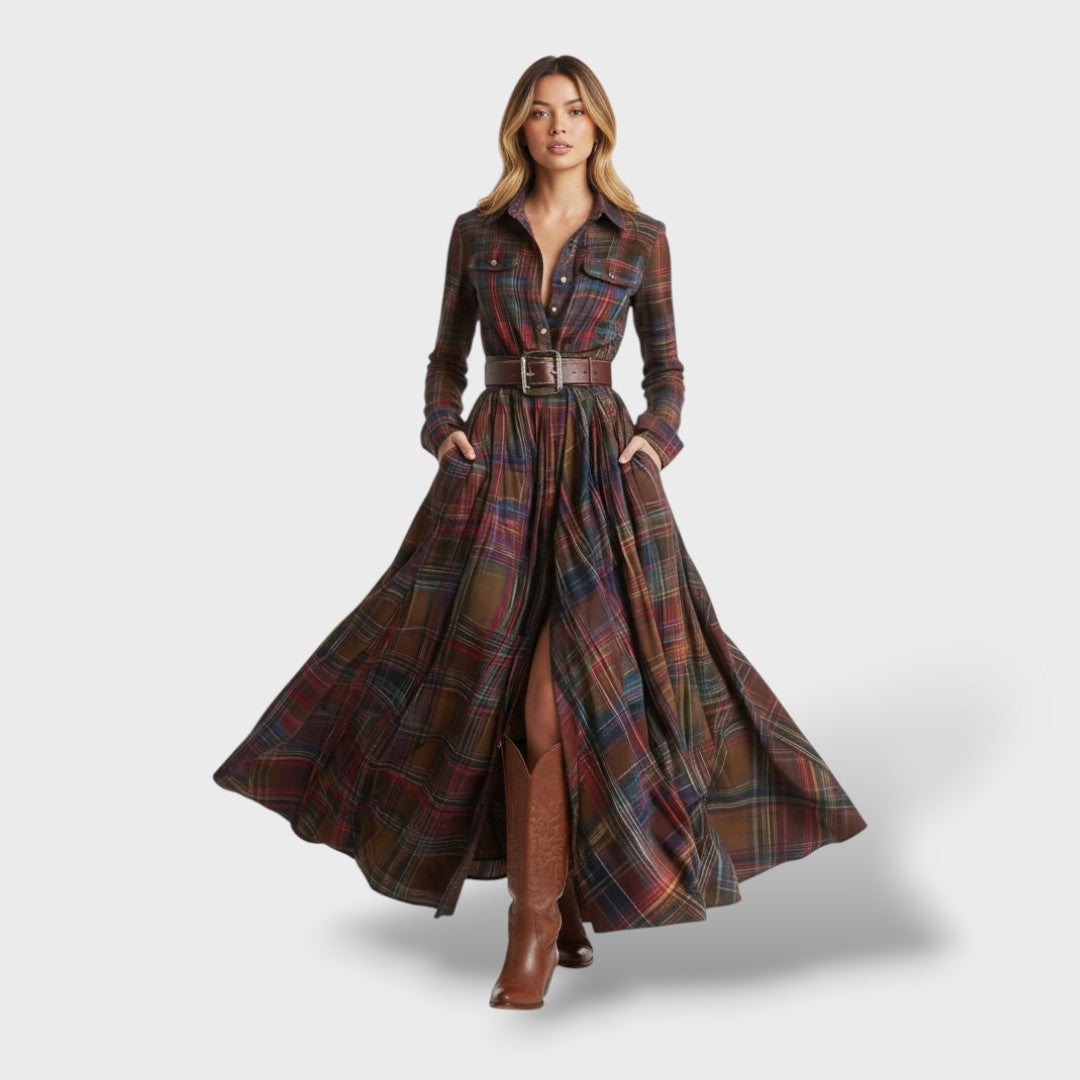 Robe Chemise Femme à Carreaux, Manches Longues et Poches