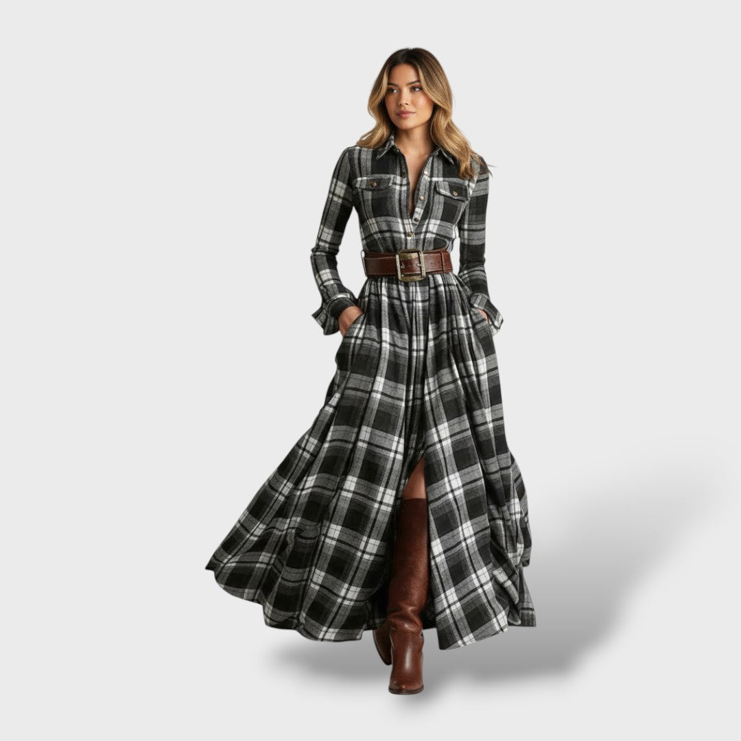 Robe Chemise Femme à Carreaux, Manches Longues et Poches