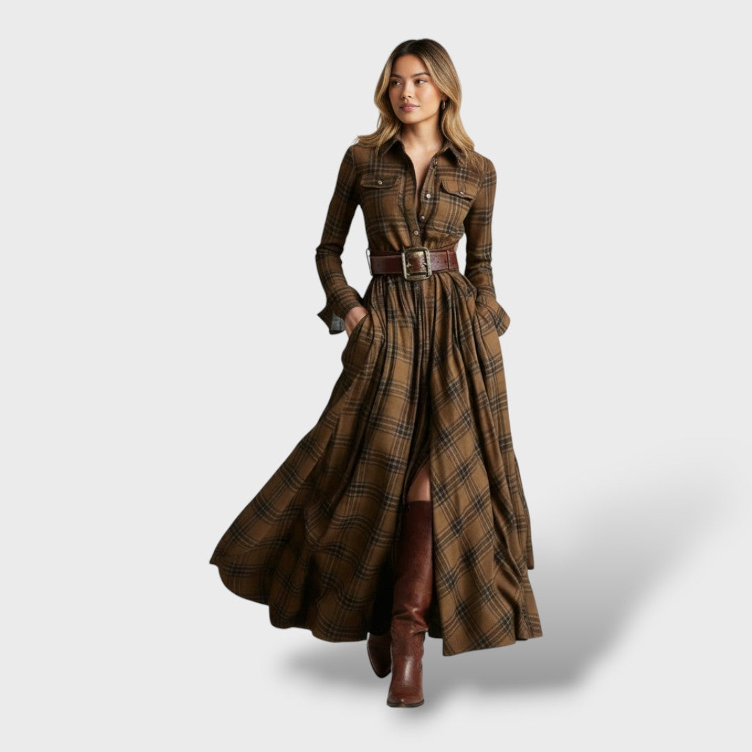 Robe Chemise Femme à Carreaux, Manches Longues et Poches