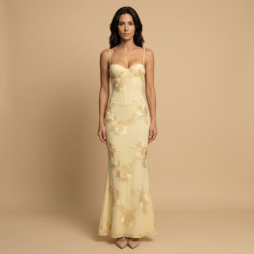 Robe Longue Sirène Corset Fleurs Appliquées en Tulle