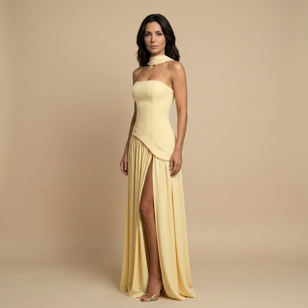 Robe Longue Bustier Sans Bretelles, Écharpe Asymétrique et Fente Frontale