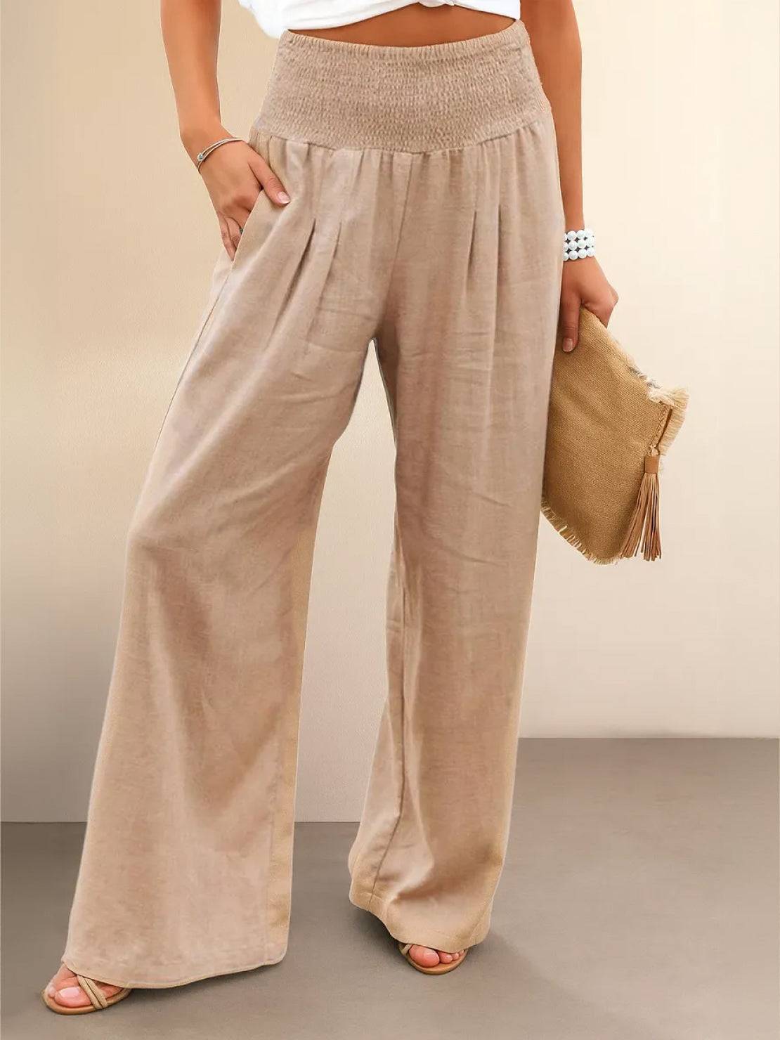 Pantalon Femme Jambe Large Taille Haute Smockée