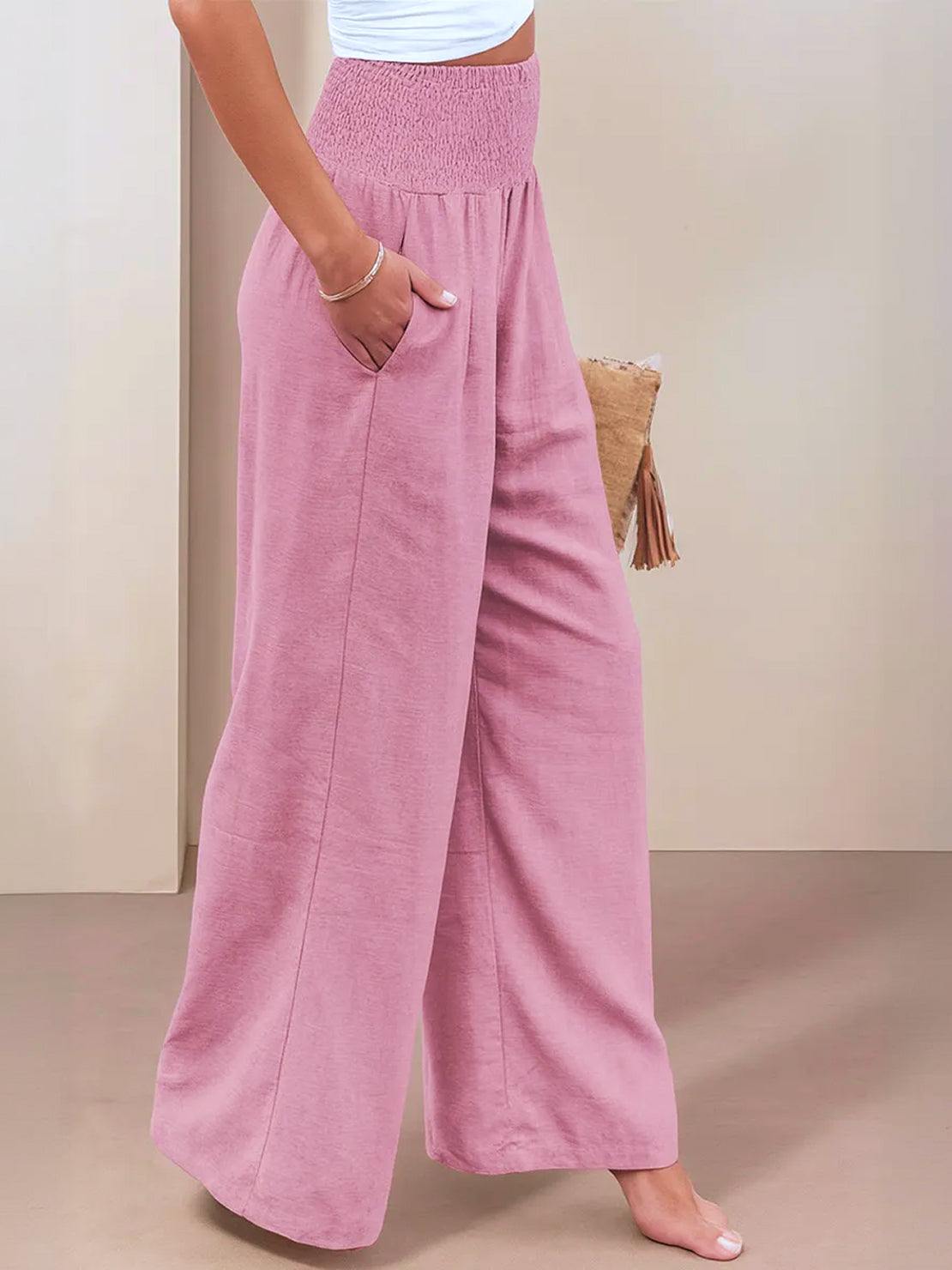 Pantalon Femme Jambe Large Taille Haute Smockée