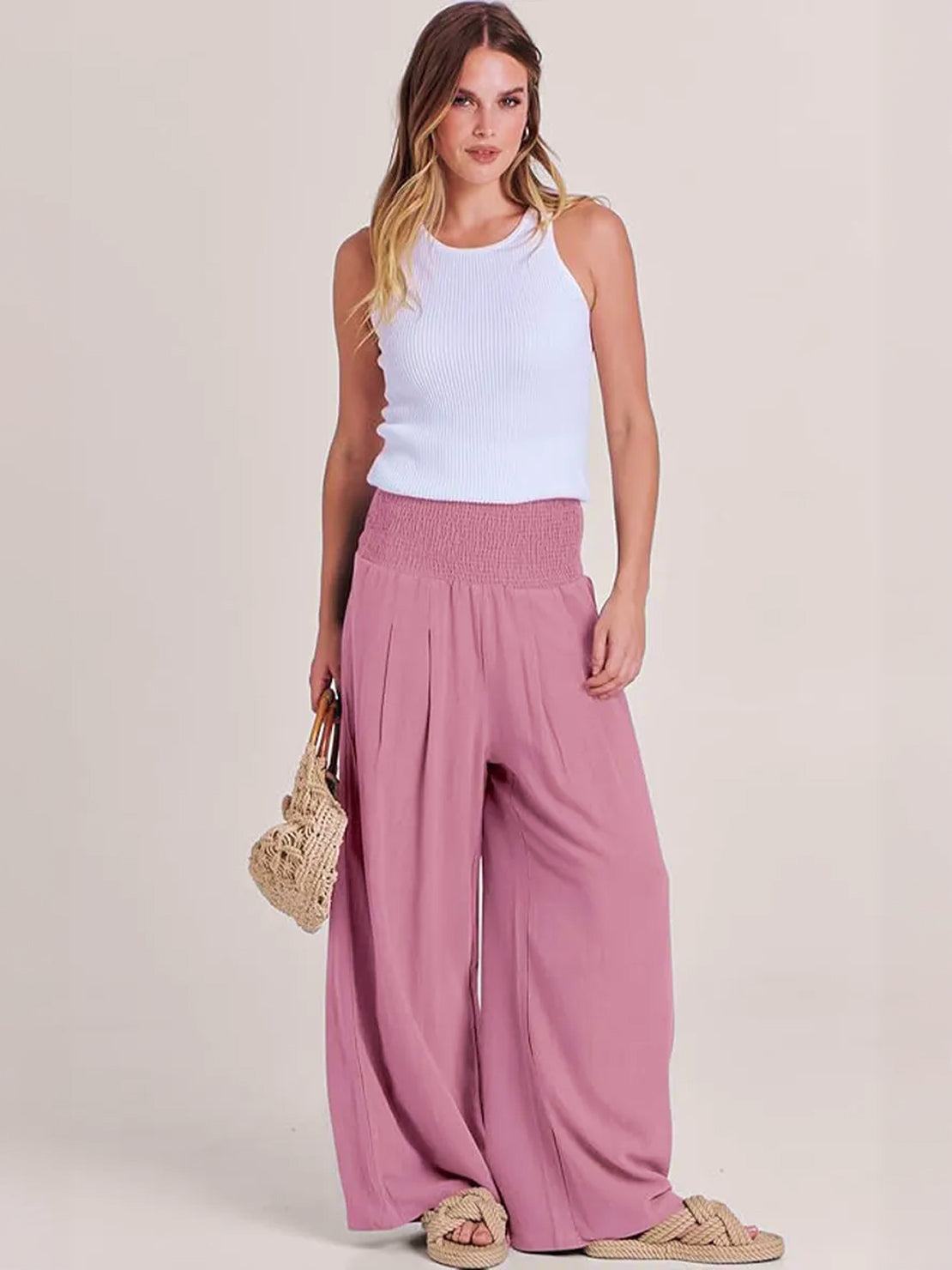 Pantalon Femme Jambe Large Taille Haute Smockée