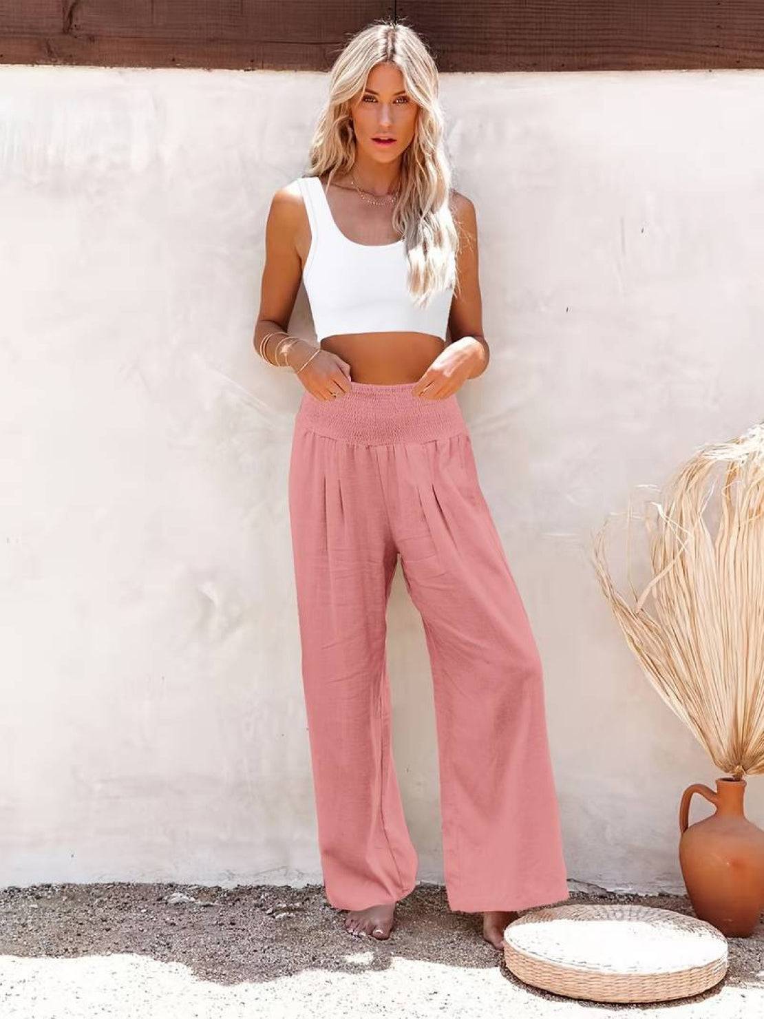 Pantalon Femme Jambe Large Taille Haute Smockée