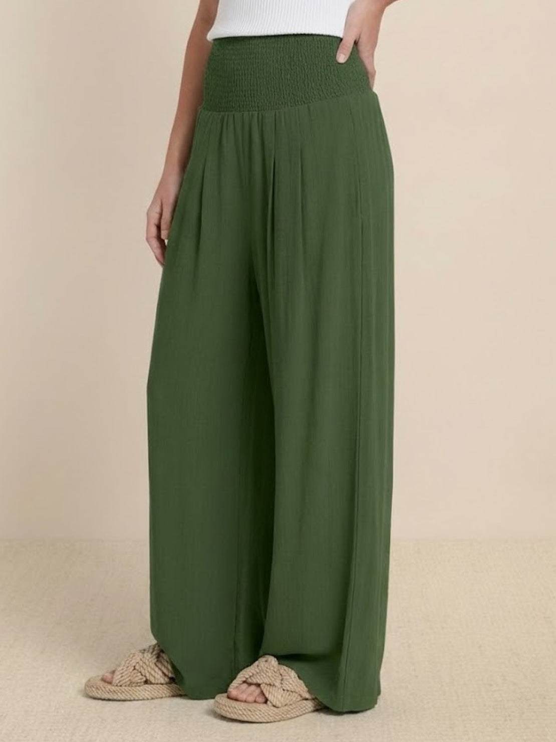 Pantalon Femme Jambe Large Taille Haute Smockée
