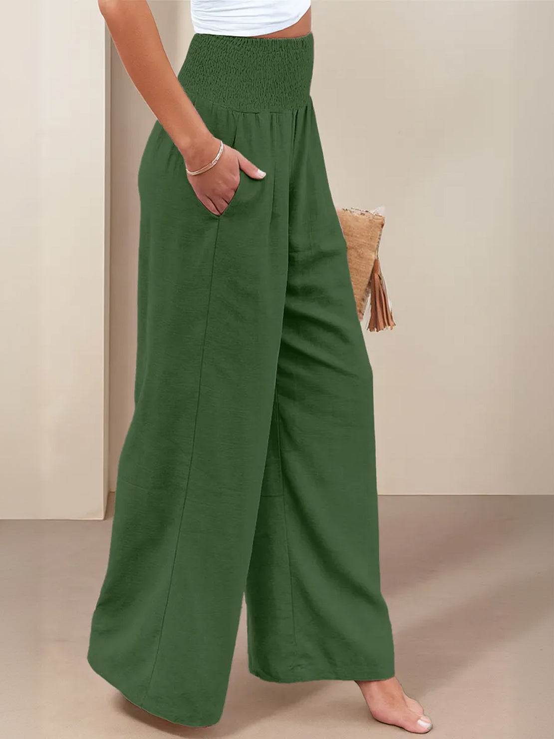 Pantalon Femme Jambe Large Taille Haute Smockée
