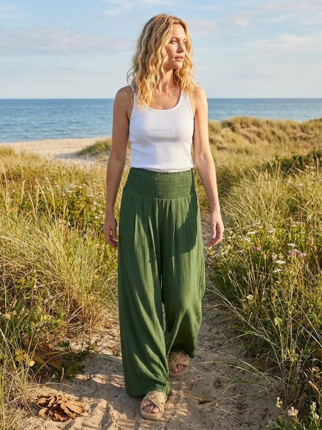 Pantalon Femme Jambe Large Taille Haute Smockée