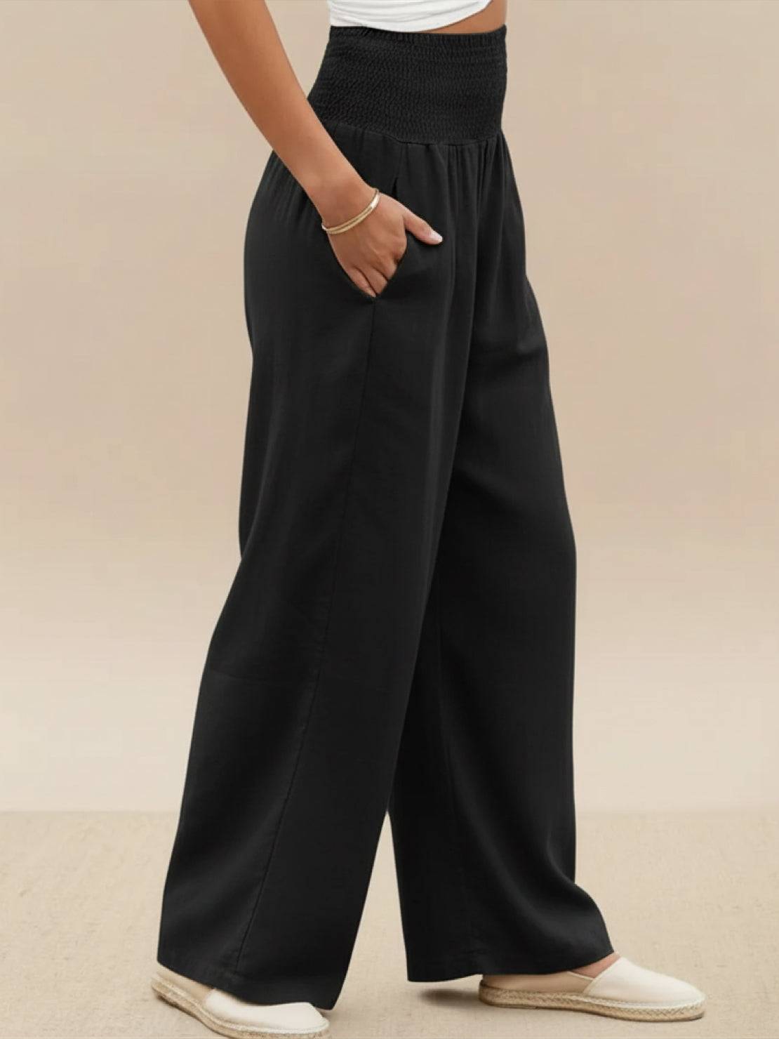 Pantalon Femme Jambe Large Taille Haute Smockée