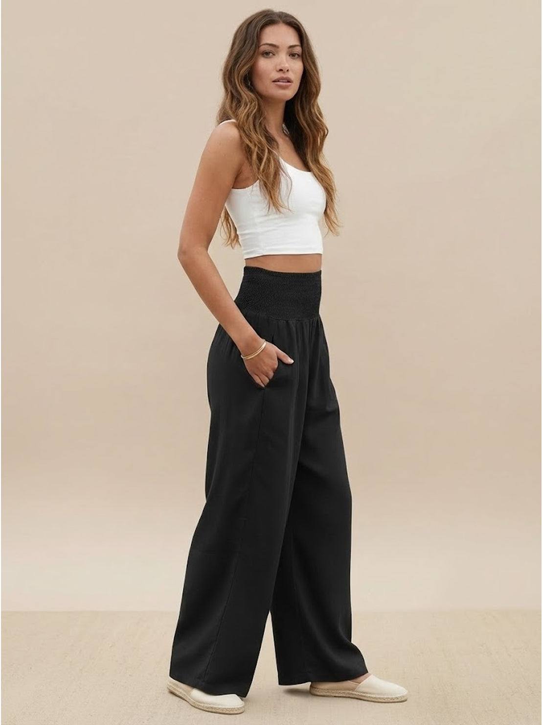 Pantalon Femme Jambe Large Taille Haute Smockée