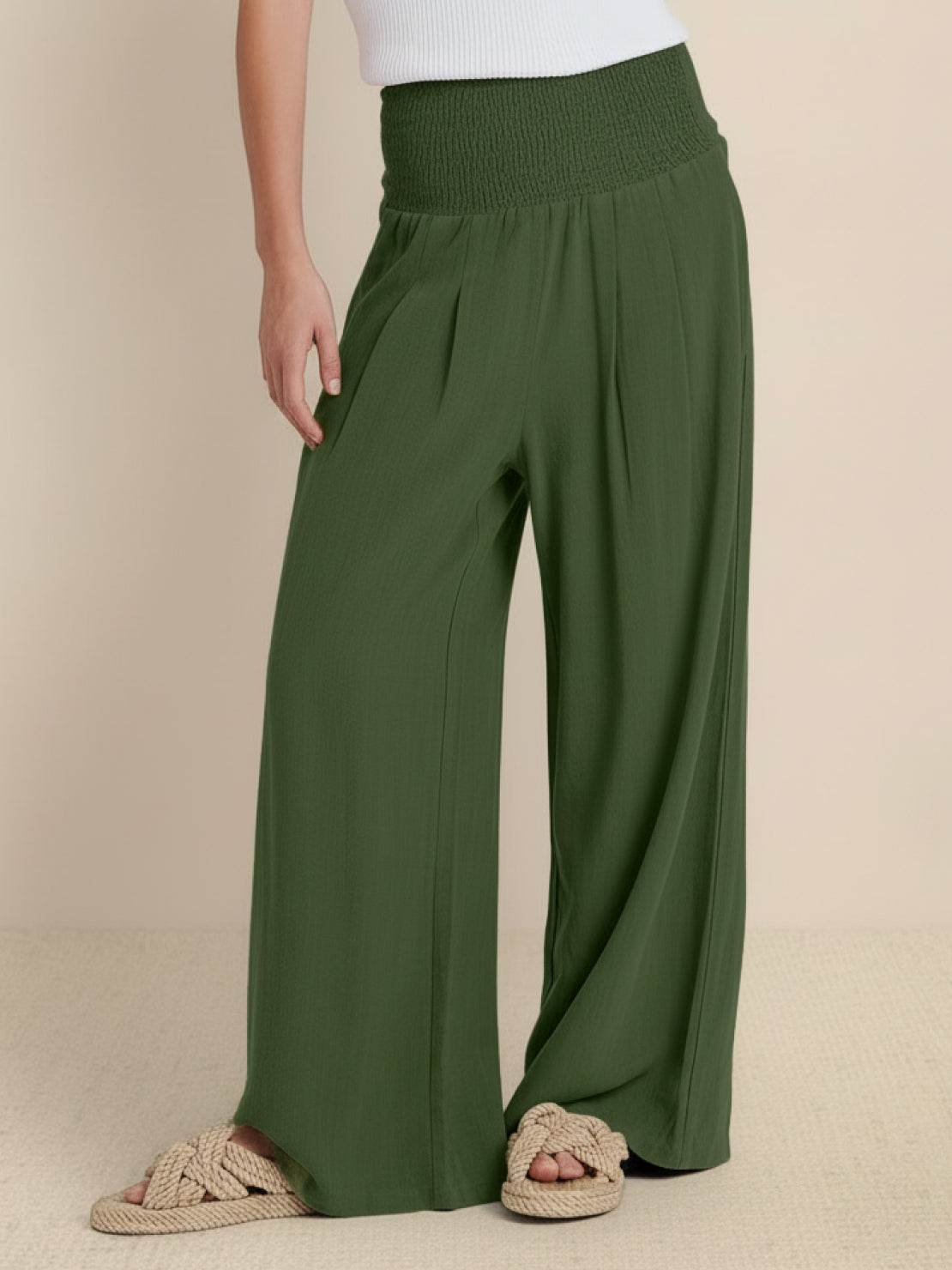 Pantalon Femme Jambe Large Taille Haute Smockée