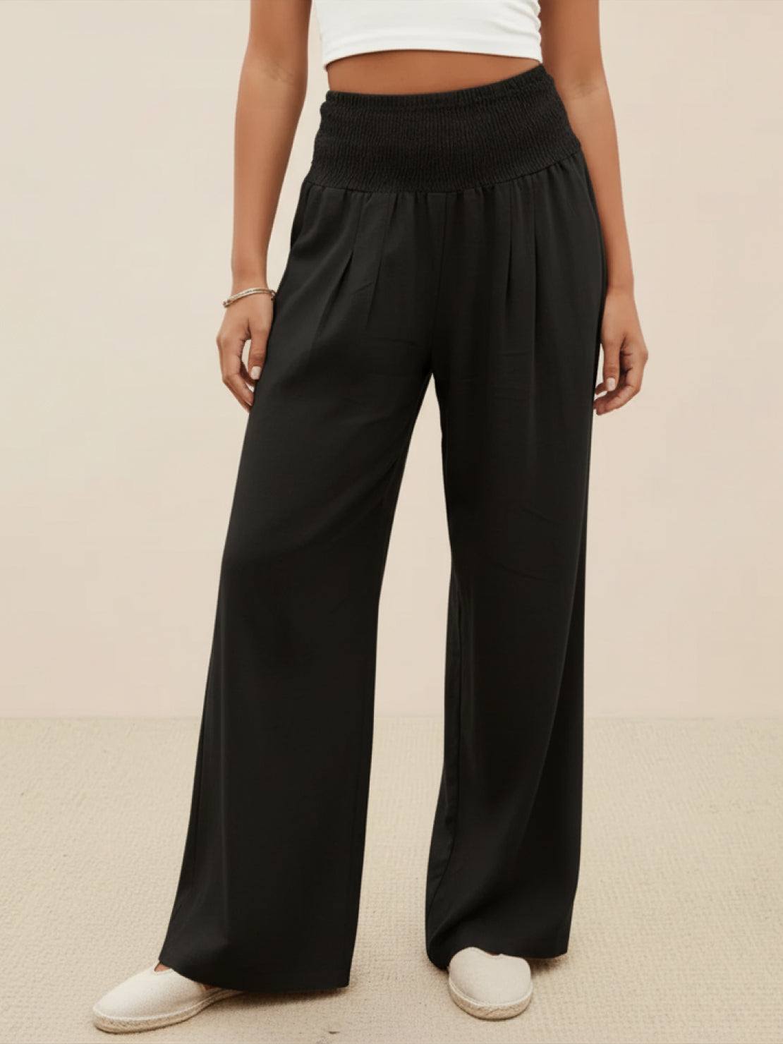 Pantalon Femme Jambe Large Taille Haute Smockée