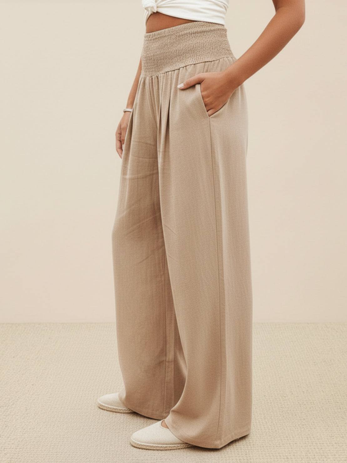 Pantalon Femme Jambe Large Taille Haute Smockée