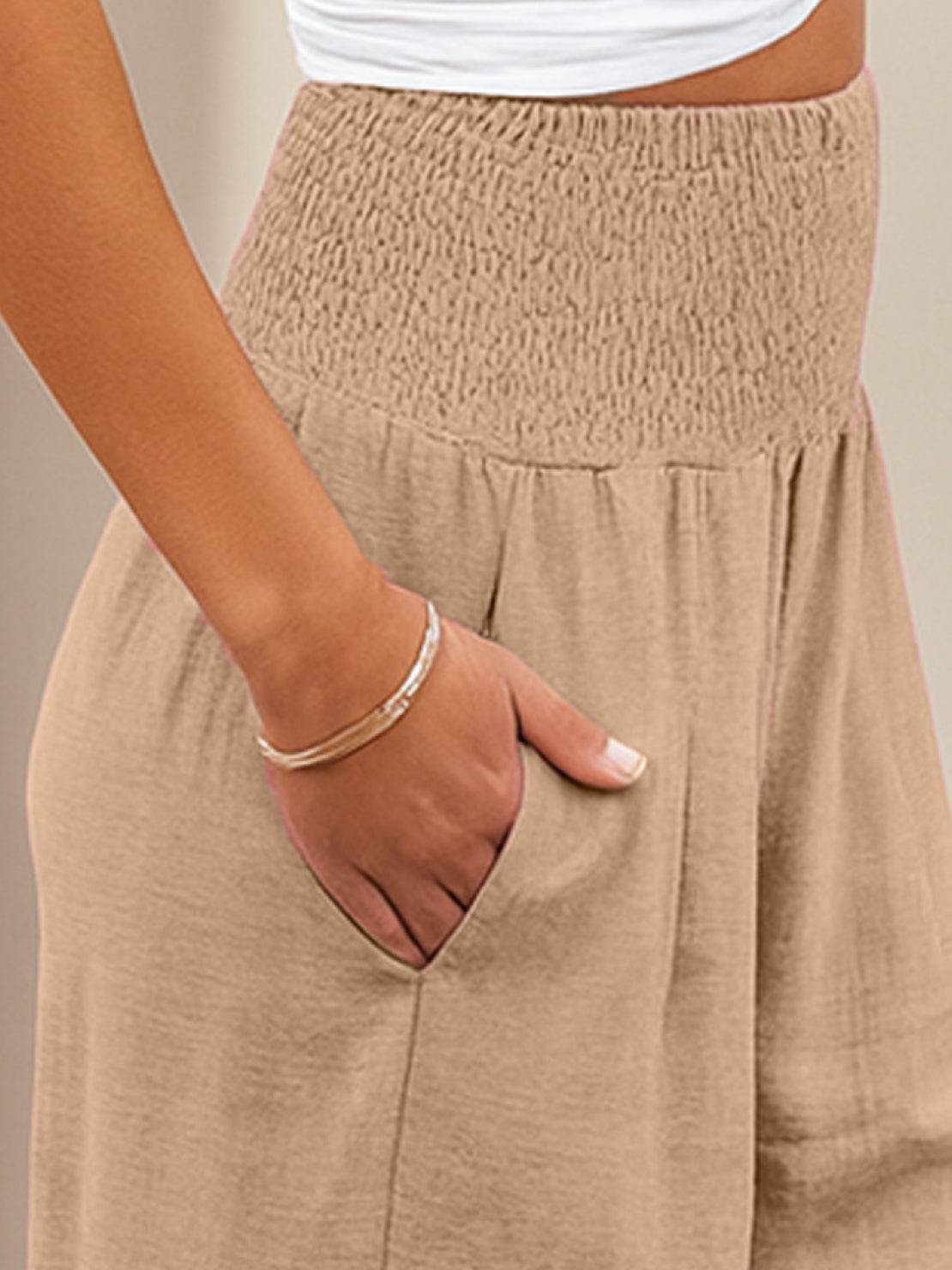 Pantalon Femme Jambe Large Taille Haute Smockée