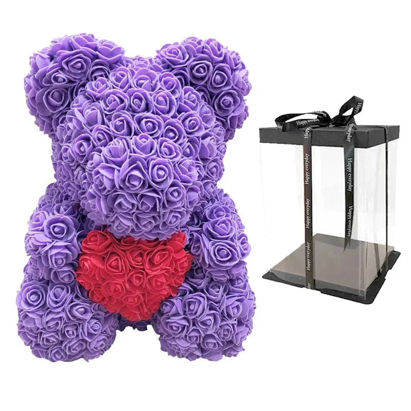 Ours en Roses Artificielles Fait Main, Décoration Romantique 40 cm