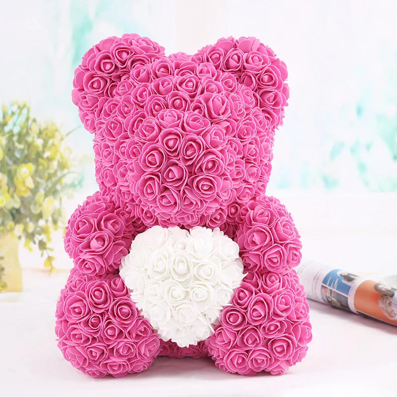 Ours en Roses Artificielles Fait Main, Décoration Romantique 40 cm
