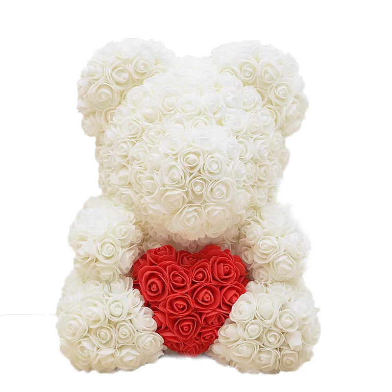 Ours en Roses Artificielles Fait Main, Décoration Romantique 40 cm
